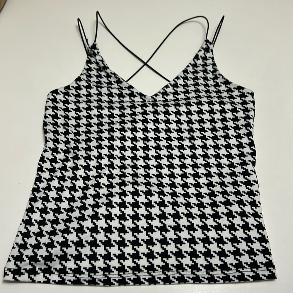 Nordstrom strappy criss cross Cami Tank Top Women's Small Black/White checkered